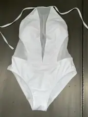 NWT Ted Baker White Mesh Panel Deep V 1 Piece BathingSuit Swimsuit 2 US RP$165