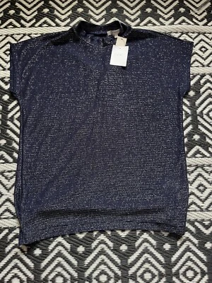 Next Blue Silver Glitter Striped Raglan Short Sleeve Textured Top UK 10 *BNWT*