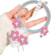 Sparkle Wave Cable Protector for iPhone 18W/20W Charger, Cute Hot Pink Flowers Design Clear Silicone Data Line Cable Case Cord Saver Phone Charger Protector for iPhone Charger