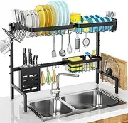 Over The Sink Dish Drying Rack,MERRYBOX 2-Tier Height:20.7in,Length:25.6-33.5in Adjustable,Stainless Steel Dish Drainer with Cutting Board Holder,Large Kitchen Dish Rack Counter Organizer Space Saver