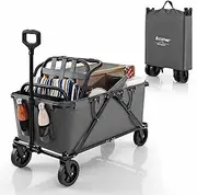 Costway Heavy-Duty Wagon Cart, Collapsible Folding Wagon w/Adjustable Handlebar, Bottle Holders & Storage Pocket, Patio Folding Utility Cart for Camping, Beach, Garden, Sports (Gray)