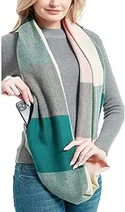 [KiRYu] Women Plaid Infinity Scarf With Zipper Pocket Scarves Pockets-Secret Travel Scarfs for Girls Ladies