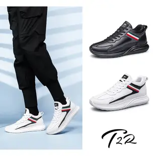 T2R-正韓空運-內增高輕量皮革厚底氣墊增高運動男鞋-增高約7.5公分-黑/白