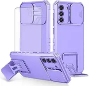 [Asuwish] Phone Case for Samsung Galaxy S21 FE 5G with Screen Protector and Slide Camera Cover Kickstand Stand Slim Protective Cell Accessories S 21 EF S21FE5G UW S21FE 21S G5 6.4 inch Women Men Purple