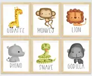 6 x A4 Nursery/Baby/Kids Wall Prints Jungle Animals Gift Giraffe Monkey Lion