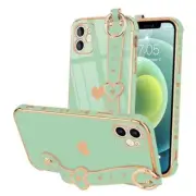 for Case Cute Love-Heart Plating Strap Phone Cover for iPhone 12 Mint Green
