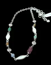 Brighton Necklace- silver color chain-colorful beads-silver tone -hammered look