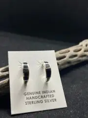 Handmade Native American Navajo inlay half hoop jet Sterling Silver Earrings