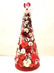 Valentine Tree~Buttons & Bows~Adorable Decorated Red/White~7.5" Tall Cone Shaped
