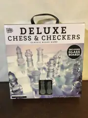 Deluxe Glass Chess & Checkers Game, New, Frosted and clear with glass board.