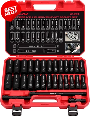 29-Pc 1/2" Drive Impact Socket Set SAE Metric Deep Sockets CR-V + Ext Bars & Cas