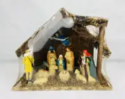 Vintage Christmas Nativity Wood Manger Crèche with Celluloid Figures 9” T Unused