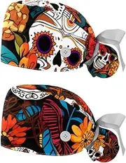 [YTYVAGT] 2-Pc,Nurse Scrub Caps,Scrub Hats with Buttons and Cotton Sweatband,Art Skull Colorful Pattern