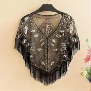 [HEYDHSDC] Women's Summer Thin Handmade Crochet Lace Mesh Vintage 1920S Flapper Shawl Sequin Fringe Evening Cape