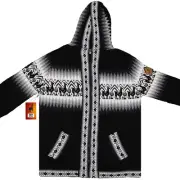 MEN HANDMADE ANDEAN ALPACA BLACK ZIP HOODIE SWEATER SZ XL