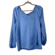 NWT Nine West Light Blue Satin Long Sleeve Back Bow Tie Blouse Top Size M