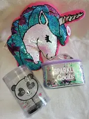 Justice Girls Flip Sequin Unicorn Pillow Gift Lot Bath Beauty Makeup Bag Jewelry