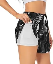 [WURTON] Black White Snake Skin Pattern Print Exercise Gym Workout Shorts Women's Athletic Shorts Dual-Layered Yoga Running Shorts