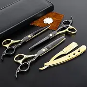 Professional Black Gold Hairdressing Teeth Scissors Stainless Steel Barber Hair Cutting Sets Salon Multifunctional Thinning Straight Shears Tools for Mother Father's Gift