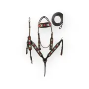 western Leather Equestrian Tooled Beaded Headstall,Breast Collar & Reins. (H032)
