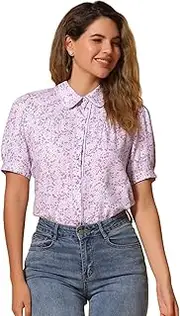 [Allegra K] Peter Pan Collar Blouse for Women's Contrast Trim Puff Sleeve Peasant Floral Shirt