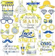 24 Pieces She Found Her Main Squeeze Photo Booth Props - Blue Tile and Lemon Bridal Shower Decorations, Yellow and Blue Capri Lemon Theme Party Supplies