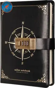 Literary Vintage Leather Notebook with Lock, Embossed Pattern Compass Diary for
