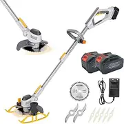 600W Cordless Weed Wacker with 2 * 6Ah Batteries, 18000RPM Handhold Grass Trimmer with 3 Blades, Lightweight Grass Cutter with LCD Power Display, 111-145cm Retractable & 90° Turning Head, for Garden