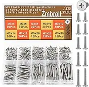 Zmbroll M3 Flat Round Head Screws 304 Stainless Steel Phillips Drive Machine Screws 235Pcs M3x5/6/8/10/12/14/16/20/25/30mm Fully Thread Electricians Screw Hardware Fastener Assortment kit