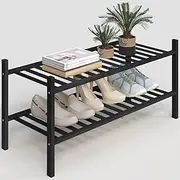 [Z&L HOUSE] 2-Tier Shoe Rack for Closet, Stackable Bamboo Shoe Rack for entryway, Hallway, Bathroom, Multifunctional Utility Free Standing Shoe Shelf Black