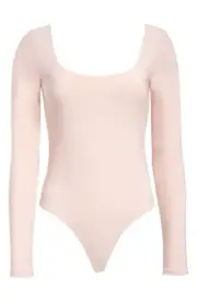 New Leith Women's Size L Pink Ballet Double Scoop Long Sleeve Thong Bodysuit