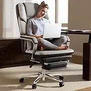 Bananister Reclining Office Chair with Footrest, Big and Tall Office Chair 500lbs with Wide Seat and Arms for Heavy People, High Back Grey Leather Office Chair with Lumbar Support