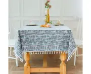 Bestier Tassel Cotton Linen Tablecloths Dustproof Table Cover for Kitchen Dinning Room Party-Blue