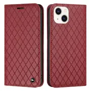 For iphone 13 14 Case, PU Leather Flip Cover Magnetic Closure Wallet Card Slots Stand Case Lattice Design - Red