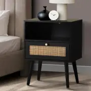 Black Bedside Tbale with Open Shelf and Rattan Drawer Side Table