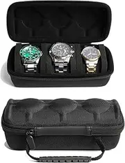 RIGICASE 3 watch travel case roll, Hard watch carry case roll display storage organizer box for men and women with soft foam pillows snug fit all size watches up to 60mm face