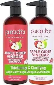 PURA D'OR Apple Cider Vinegar Thin2Thick Set Shampoo Conditioner for Regrowth, Hair Loss, Clarifying, Detox (2 x 16oz) Biotin, Keratin, Caffeine, Castor Oil, All Hair Type, Men/Women, Packaging varies