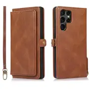 Case Card Slot Holder Cash Pocket PU Leather Sleeve, Brown - Samsung S22 Ultra