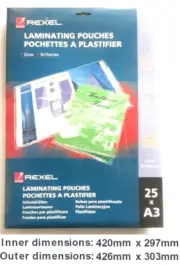REXEL 41617 Gloss Laminating Pouches A3 (150) 2 x 75 micron 420mm x 297mm B484