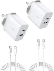 UGREEN iPhone 16 Charger, USB C Charger Block, 2-Pack 20W AU Wall Plug, 2-Ports PD Fast Charging Adapter for 16 Pro Max/15 Series/iPad Pro, Galaxy S25 Ultra, Pixel 9, with 2 Pack 1.5M 60W USB-C Cable