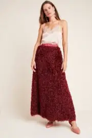 $160 Anthropologie Chantal Feathered Maxi Skirt new size S NWT wine