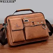 Men's Brown Faux Leather Messenger Bag with Multiple Pockets and Adjustable Strap - Stylish and Functional Crossbody Bag for Travel and Daily Use