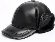 [WORNEW] Men's Leather Hat Winter Warm Ear Protection Winter Hat Middle-Aged and Elderly Lei Feng Hat Outdoor Peaked Cap Leather Hat (Color : Black, Size : Large)