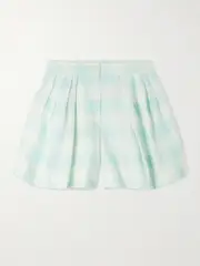 [Thierry Colson] Thierry Colson - Kenya Pleated Checked Linen And Cotton-blend Shorts - Mint - small small Green