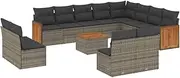 vidaXL Garden Sofa Set - Modular 13 Piece Outdoor Patio Furniture with Cushions - Grey Poly Rattan, Acacia Wood - Backyard/Patio/Terrace Seating