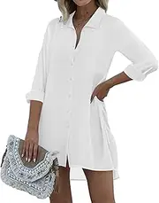 [Ekouaer] Women's Beach Bikini Cover-up Long Roll-up Sleeve Beach Shirt Bathing Suit Cover Up