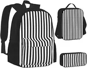 [ERCgad] Black & White Stripe Print Canvas 3-In-1 School Bags Set Backpack Lunch Bag Pencil Case Combo For Men Women, Black, One Size