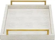 XIGEXIGE Ivory Shagreen Decorative Tray Large Rectangle Coffee Table Tray for Ottoman Faux Leather Serving Tray with Brushed Gold Handles