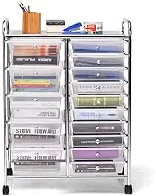 Costway 15-Drawer Rolling Storage Cart, Mobile & Lightweight Storage Trolley Rack File Cabinet, for School, Office, Home, Kitchen, Beauty Salon (Clear)