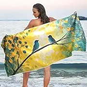 YMXFXP Microfiber Thin Lightweight Beach Towel Birds Branch Yellow Quick Dry Pool Towels 30” x 60” Sand Free Absorbent Yoga Camping Towel for Gym, Gym, Picnic S
